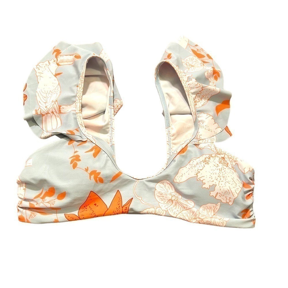 Womens Size Medium Bikini Top Light Blue White Orange Floral Birds Ruffle Straps